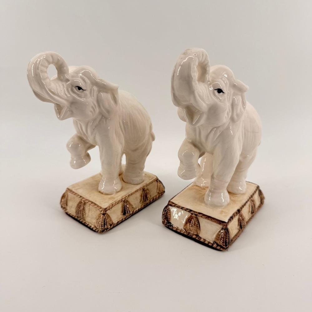 Vintage Fitz and Floyd Elephant Bookends 1975 White Ceramic Pair 7.5" Hollywood